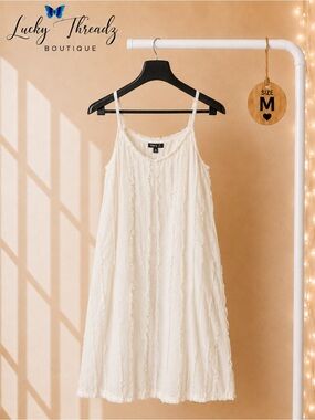 Very J Off White Cotton Frayed Stripe Mini Dress M